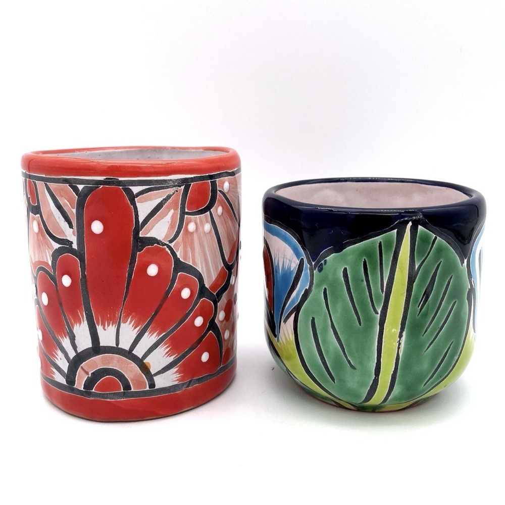 Set of 2 Hand Painted Mexican Pottery Coffee Mugs Talavera Folk Art Signed